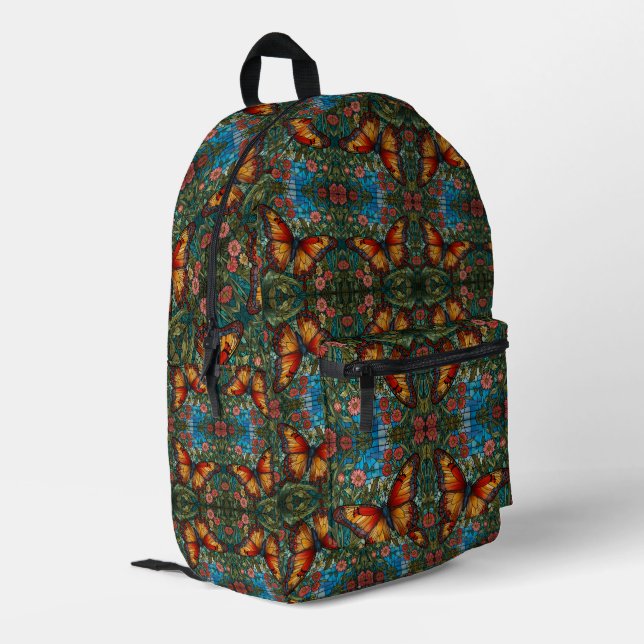 Retro stain glass butterfly garden printed backpack (Back Corner Left)