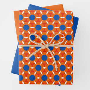 Retro Star Round Flower Orange Blue Wrapping Paper Sheet