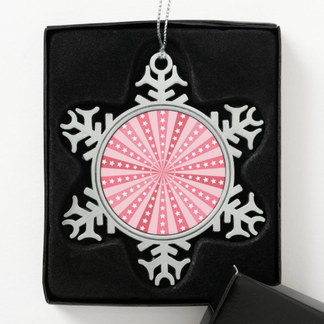Retro Starburst Background - Red Snowflake Pewter Christmas Ornament (Box)