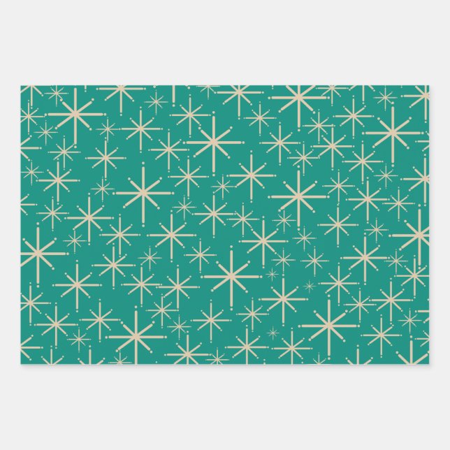 Retro Starbursts in Mid Mod Beige, Orange, Teal Wrapping Paper Sheet (Front)