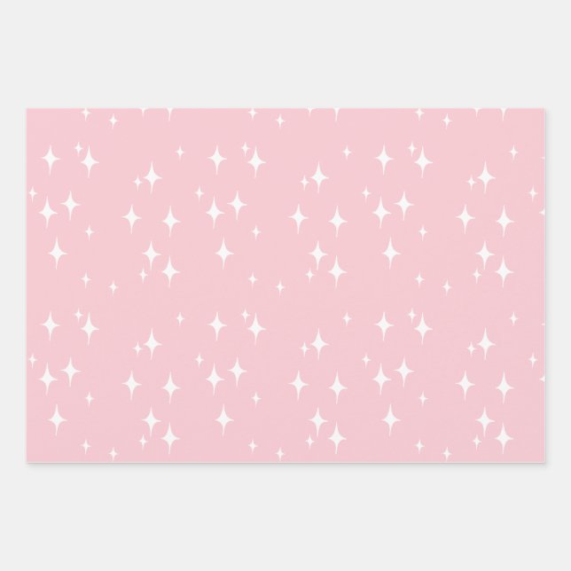 Retro Stardust Starburst Stars Pink Aesthetic Wrapping Paper Sheet (Front)