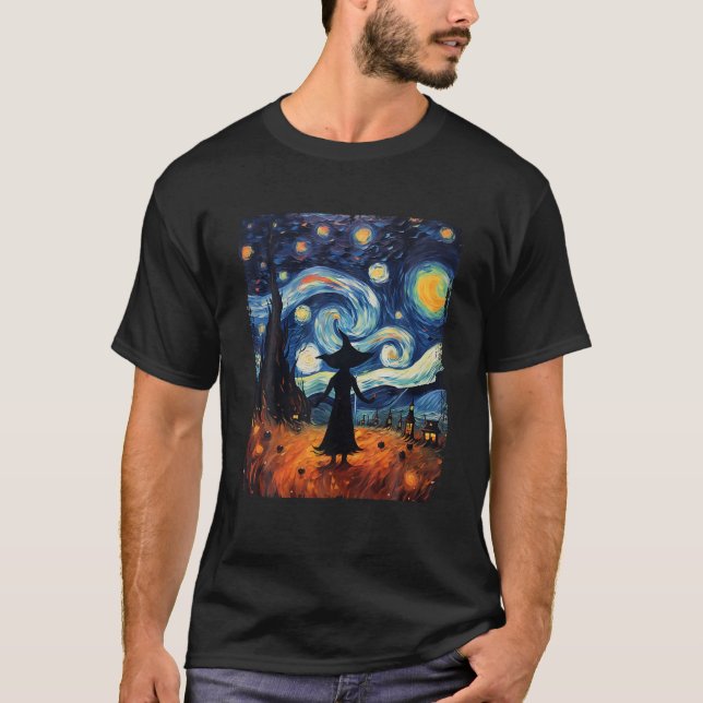 Retro Starry Night Van Gogh Witch Halloween Art Pa T-Shirt (Front)