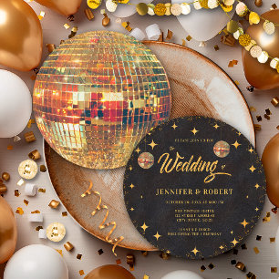 Retro Stars Black Gold Glitter Disco Ball Wedding Invitation