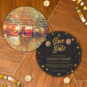 Retro Stars Black Gold Glitter Disco Ball Wedding Save The Date