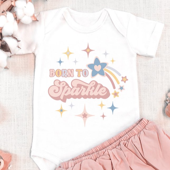 Retro Stars Born To Sparkle Colour Editable Girls Baby Bodysuit (Creator Uploaded)