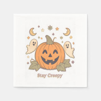 Retro Stay Creepy Pumpkin & Cute Ghosts Halloween Napkin