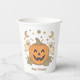 Retro Stay Creepy Pumpkin & Cute Ghosts Halloween Paper Cups