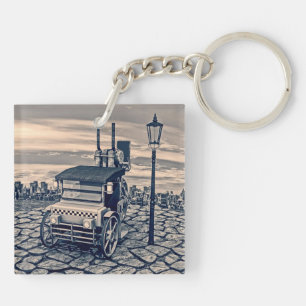 Retro Steampunk Taxi Cab City Art Key Ring