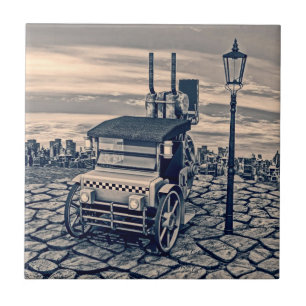 Retro Steampunk Taxi Cab City Art Tile