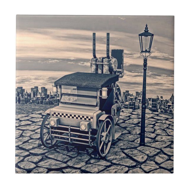 Retro Steampunk Taxi Cab City Art Tile (Front)