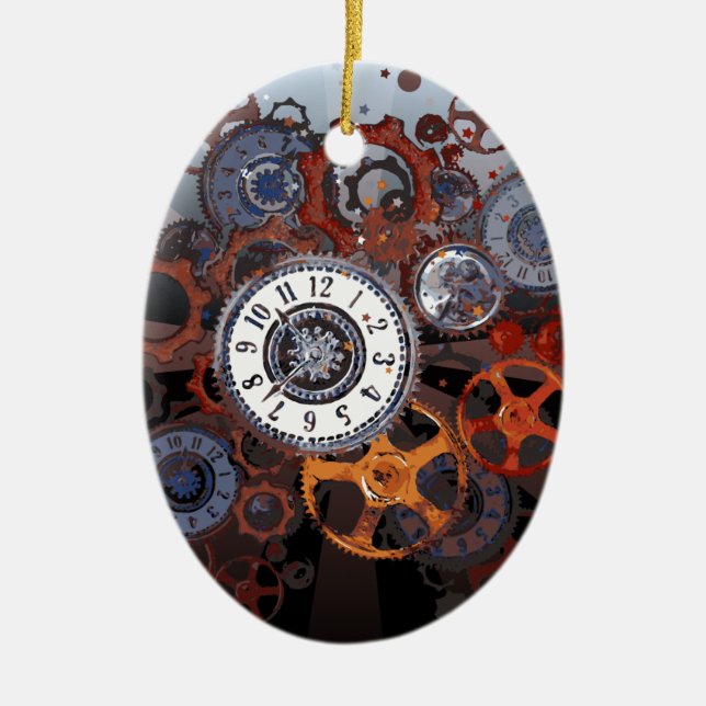 Retro steampunk watch parts, gears and cogs print ceramic tree decoration (Front)