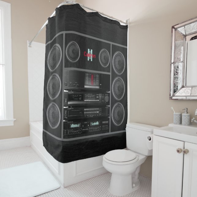 Retro Stereo System Black Shower Curtain (In Situ)