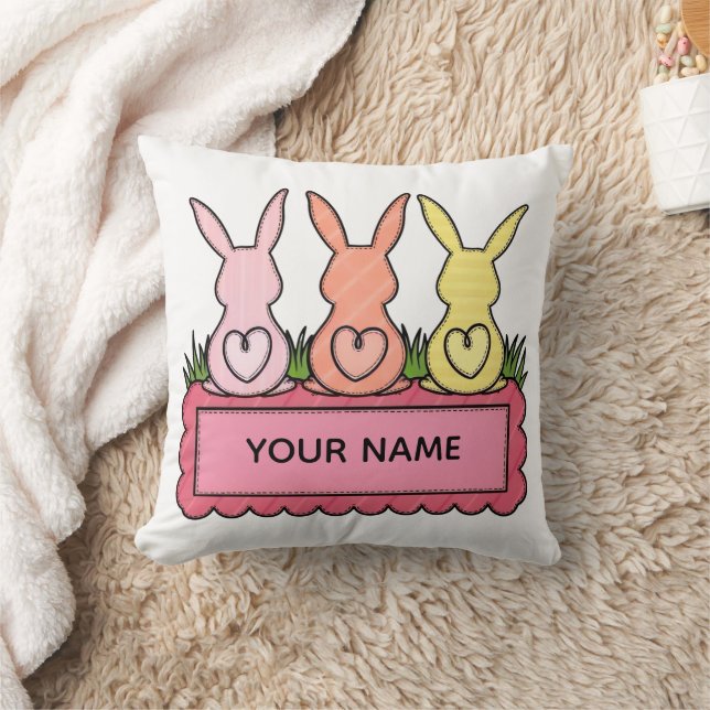 Retro Stitched Easter Bunny Trio Custom Text Banne Cushion (Blanket)