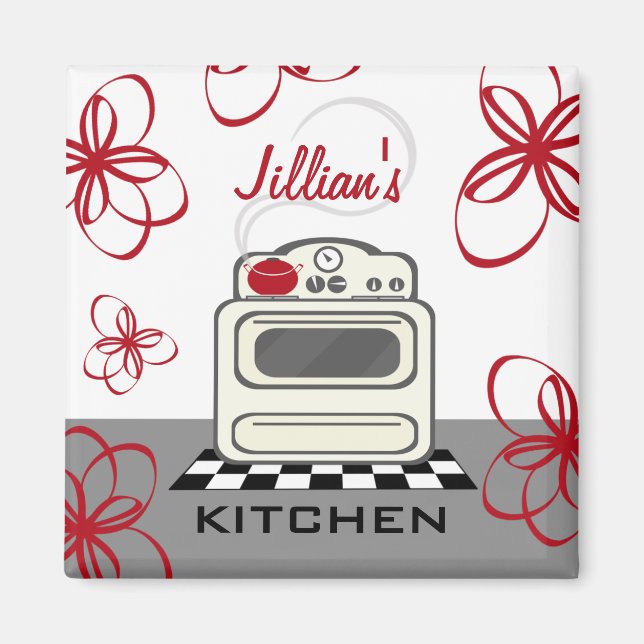 Retro Stove Modern Red & Black Kitchen Magnet (Front)