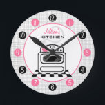 Retro Stove Personalised Kitchen Clock<br><div class="desc">A clock featuring an illustration of a retro white kitchen stove.  Personalise with your name above illustration.  Clock features white numbers on pink and black dots.</div>