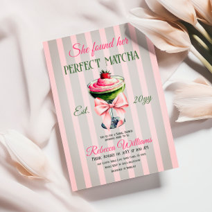 Retro Strawb Perfect Matcha Pink Bow Bridal Shower Invitation