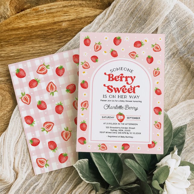 Retro Strawberry Berry Sweet Baby Girl Shower Invitation (Creator Uploaded)