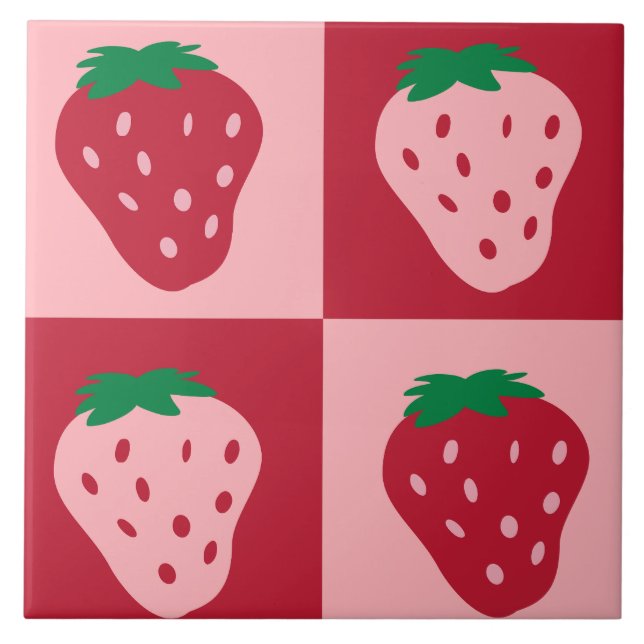 Retro Strawberry Chequerboard Pattern Tile (Front)