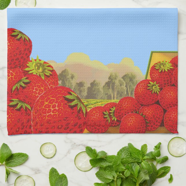 Retro Strawberry Crate Art Kitchen Towel (Folded)