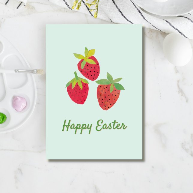 Retro Strawberry Happy Easter Folded Holiday Card (Three vibrant red strawberries appear over a retro "Happy Easter" on a mint green background.)