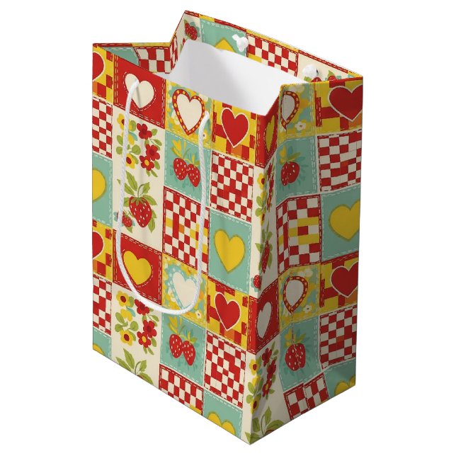 Retro Strawberry Patchwork Floral Pattern Medium Gift Bag (Front Angled)