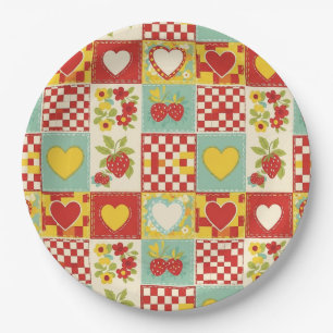 Retro Strawberry Patchwork Floral Pattern Paper Plate