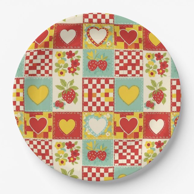 Retro Strawberry Patchwork Floral Pattern Paper Plate (Front)