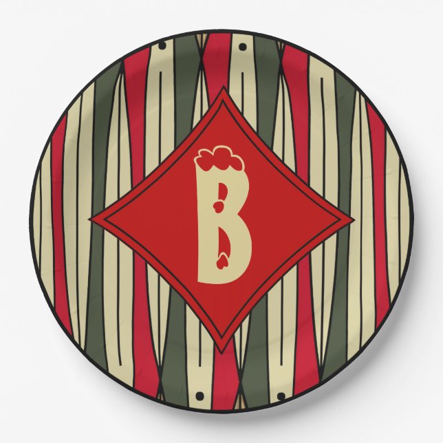 Retro String Art in Christmas Colours Monogrammed Paper Plate (Front)