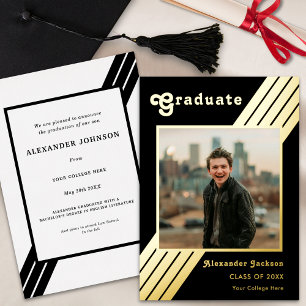 Retro Stripe Graduate Photo Black and Gold