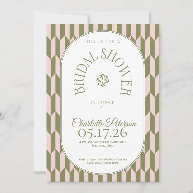 Retro stripe olive pink typography Bridal Shower Invitation (Front)