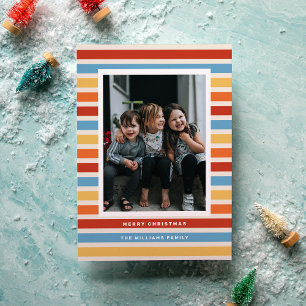 Retro Stripe Red, Yellow and Blue Photo Christmas  Holiday Card