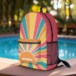 Retro Stripe Sunrise - Boho Colours - Custom Name Printed Backpack<br><div class="desc">A colourful,  retro stripe sunrise design with a pastel colours. The stripes are pastels - red,  orange,  yellow and a light blue. Add your name or monogram to make this a personal cover that will stand out amongst your friends. The name is a trendy script in white.</div>