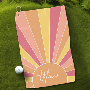 Retro stripe sunrise - pastel rainbow script name golf towel