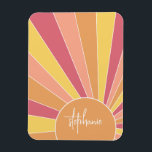 Retro stripe sunrise - pastel rainbow script name magnet<br><div class="desc">A colourful,  retro stripe sunrise design with a pastel colours. The stripes are pastels - red,  orange,  yellow and a light blue. Add your name or monogram to make this a personal magnet that will stand out amongst your friends. The name is a trendy script in white.</div>