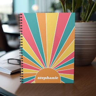 Retro stripe sunrise - pastel rainbow script name notebook