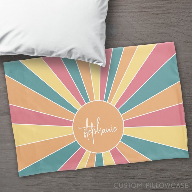 Retro stripe sunrise - pastel rainbow script name pillowcase (Custom Pillowcase)