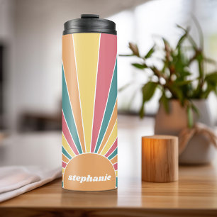 Retro stripe sunrise - pastel rainbow script name thermal tumbler