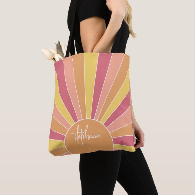 Retro stripe sunrise - pastel rainbow script name tote bag (Close Up)