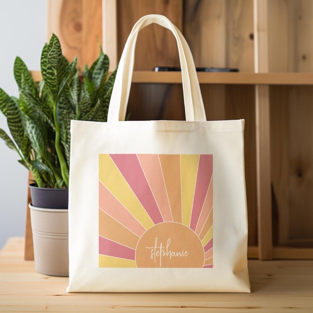 Retro stripe sunrise - pastel rainbow script name tote bag (Custom Tote Bag)