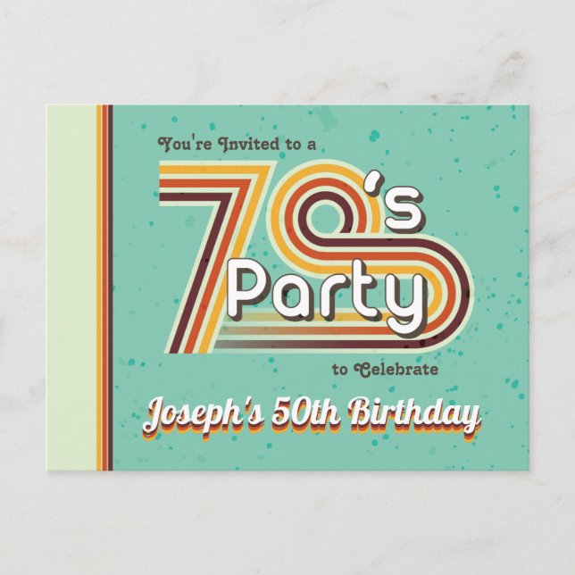 Retro Striped 70's Party Invitation Postcard (Front)