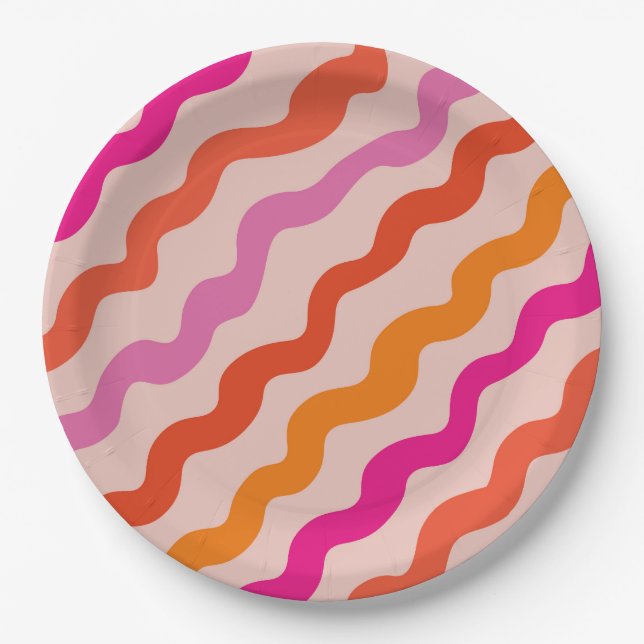 Retro Striped Abstract Waves Pink Red Orange  Paper Plate (Front)