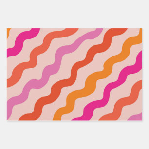 Retro Striped Abstract Waves Pink Red Orange  Wrapping Paper Sheet