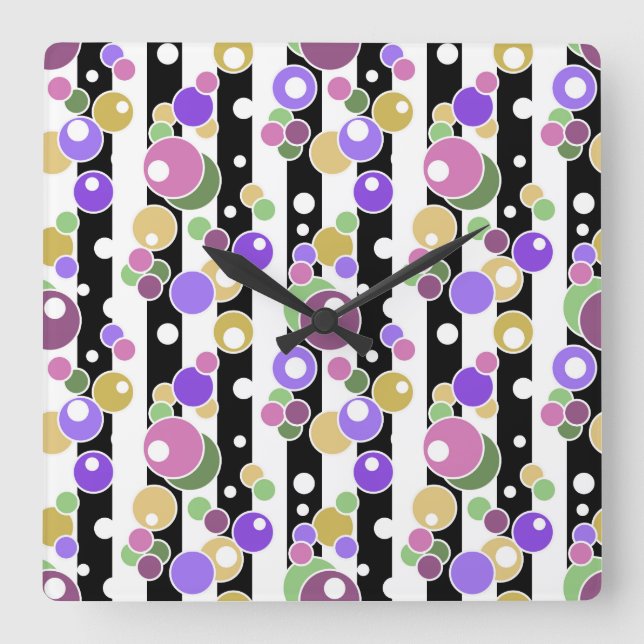 Retro, striped and polka dots square wall clock (Front)