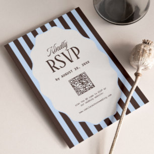 Retro Striped Blue and Brown Wedding RSVP Qr Code Enclosure Card