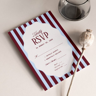 Retro Striped Blue and Burgundy Wedding RSVP Card