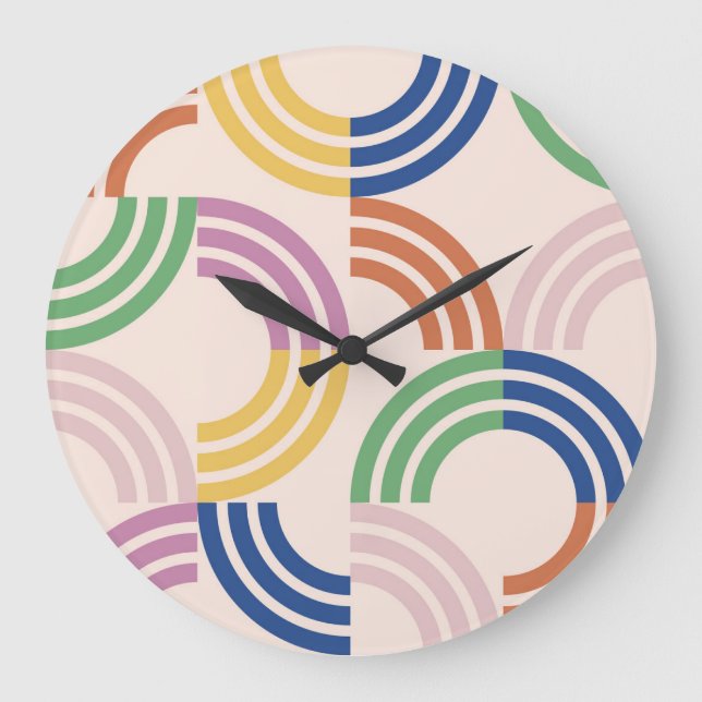 Retro Striped Curves Geometric Background Large Clock (Front)