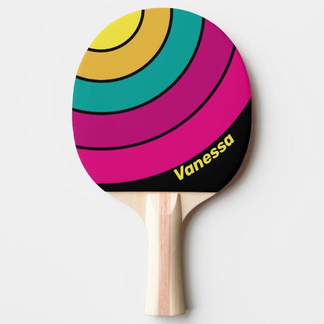 Retro Striped Dark 80s Circle Stripe with Name Ping Pong Paddle (Front)