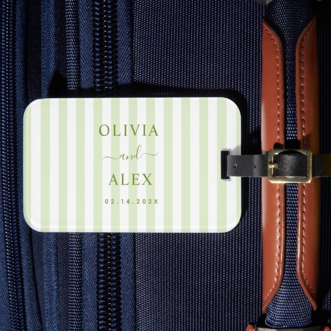 Retro Striped Green Personalised Wedding  Luggage Tag (Front Insitu 4)