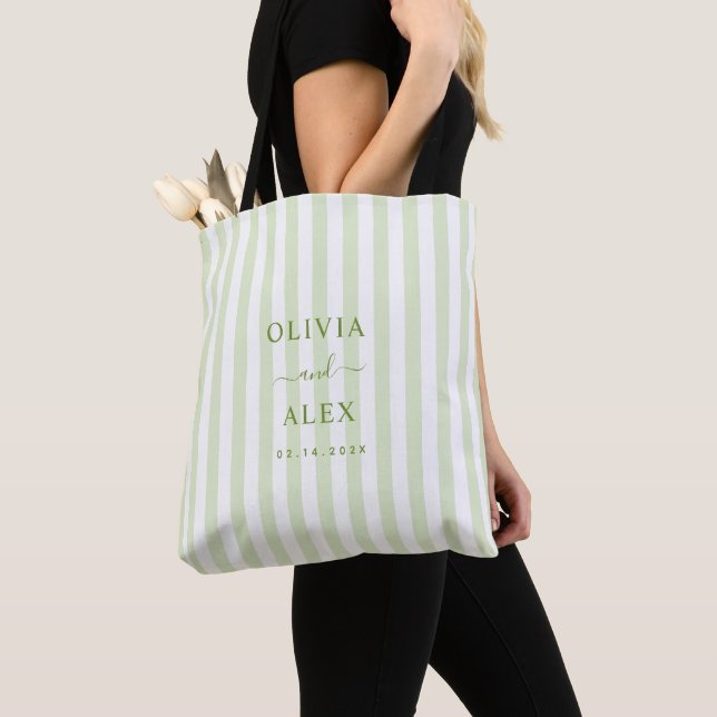 Retro Striped Green Personalised Wedding  Tote Bag (Close Up)