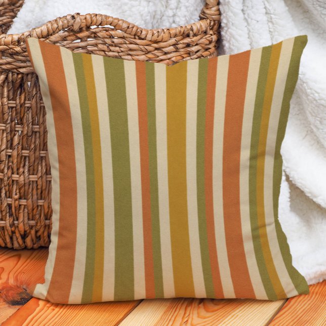Retro Striped Orange Gold Olive Rust Earth Tone Cushion (Retro boho striped earth tone pillow)